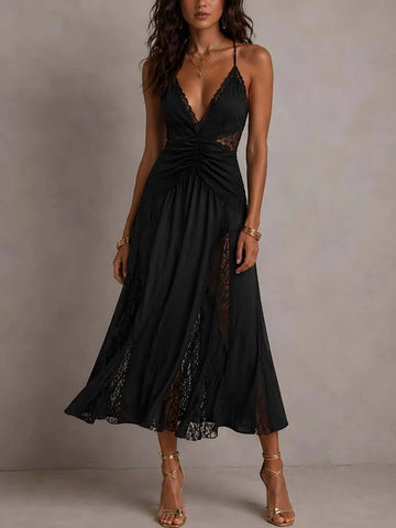 Vestido Midi Vintage de Alças Finas com Painéis de Renda