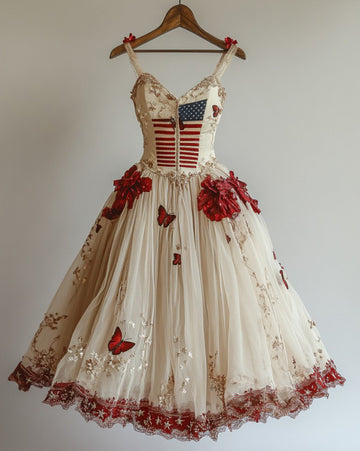 Vestido de chiffon borboleta com tema de Dia da Independência a20d