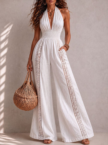 Boho White Halter Lace-Trim Smocked Waist Wide-Leg Jumpsuit