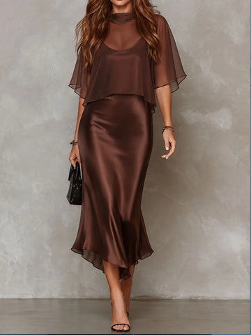 Ensemble Robe Mi-Longue en Satin et Sur-Robe en Chiffon Transparent Marron Chocolat Rétro Élégant