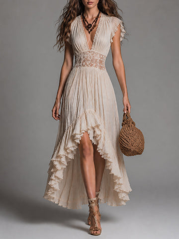 Vestido Maxi Boho com Babados nas Mangas, Detalhes em Renda e Barra Assimétrica