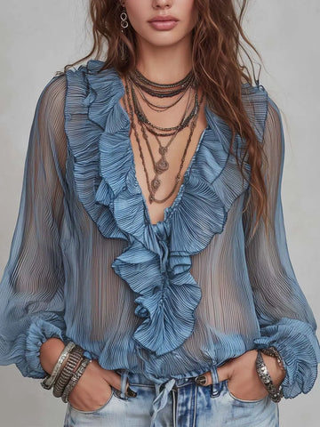 Blusa Boho Plissada de Chiffon com Gola V, Manga Longa Bufante, Babados e Barra com Cordão
