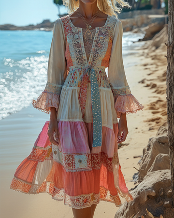 Vestido de Babados com Recortes em Cores Contrastantes para Férias de Verão 6fe2
