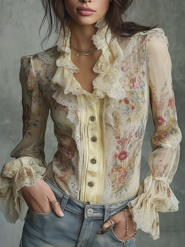 Blusa Chiffon Floral E Renda Estampa Óleo Vintage