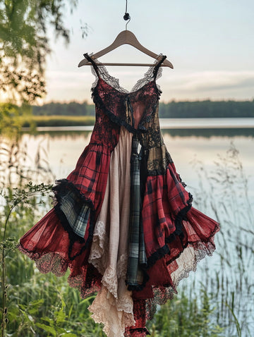 Vestido Xadrez Patchwork De Renda Feito À Mão Para O Verão c6af