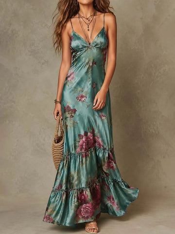 Vestido Longo Vintage Floral de Cetim com Alça e Babados em Camadas