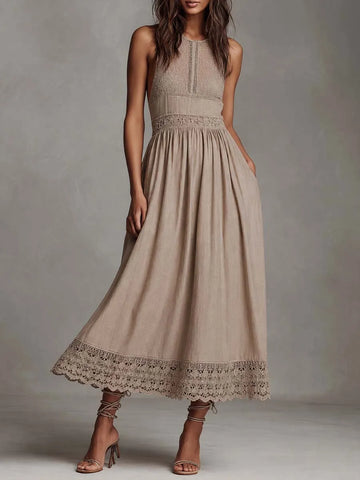 Vestido Midi de Renda e Linho Sem Mangas Estilo Boho