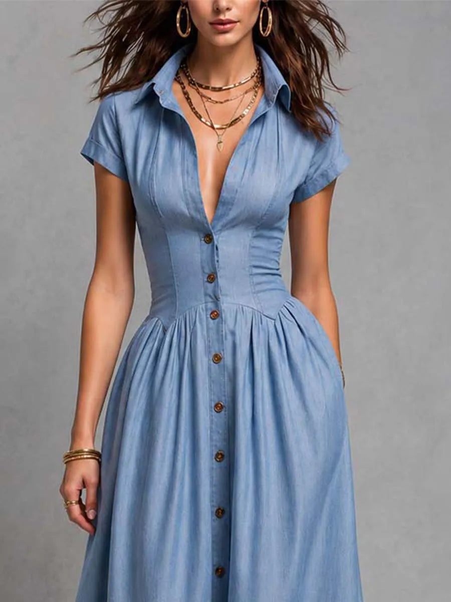Abito camicia midi abbottonato in chambray