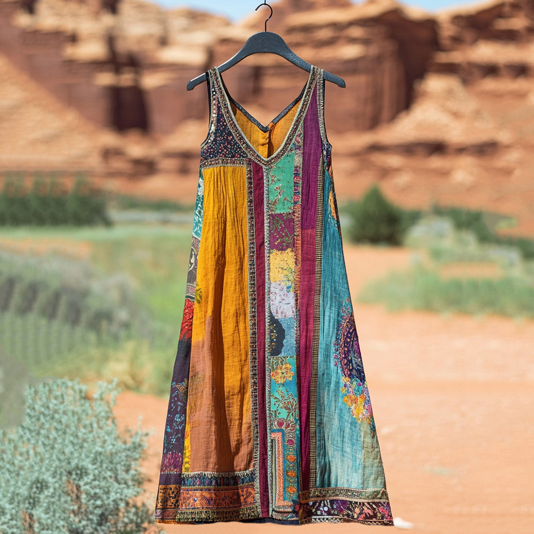 Vestido Feminino Boêmio Floral Patchwork Vintage de Linho
