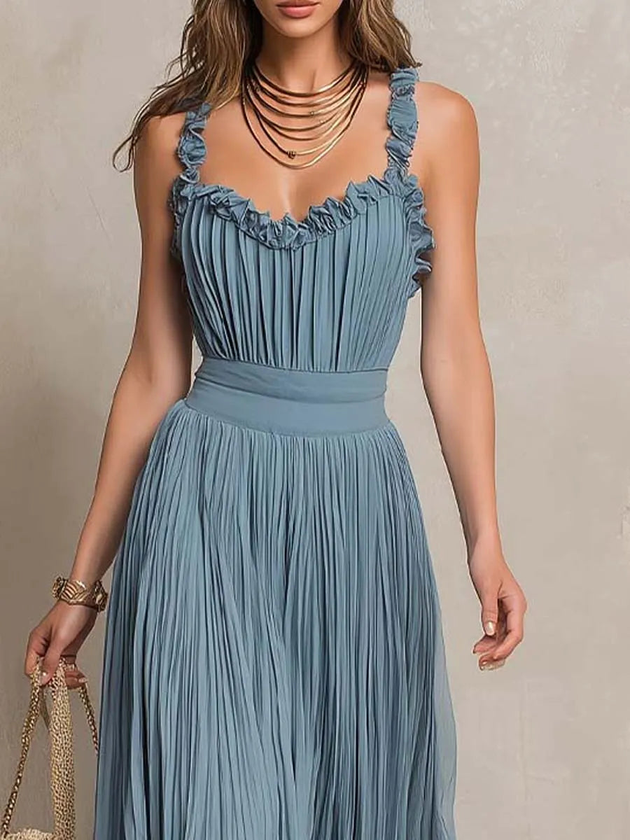 Vestido Midi Plissado com Alças Franzidas Elegantes