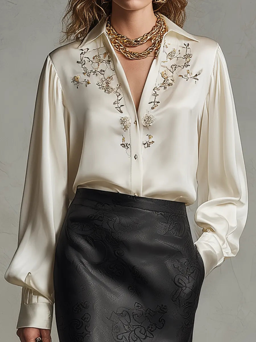Ensemble Blouse en Satin Crème Ornée & Jupe Midi Jacquard Noire