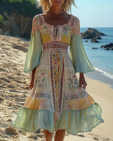 Robe confortable à volants en dentelle florale patchwork d'été 8aa8