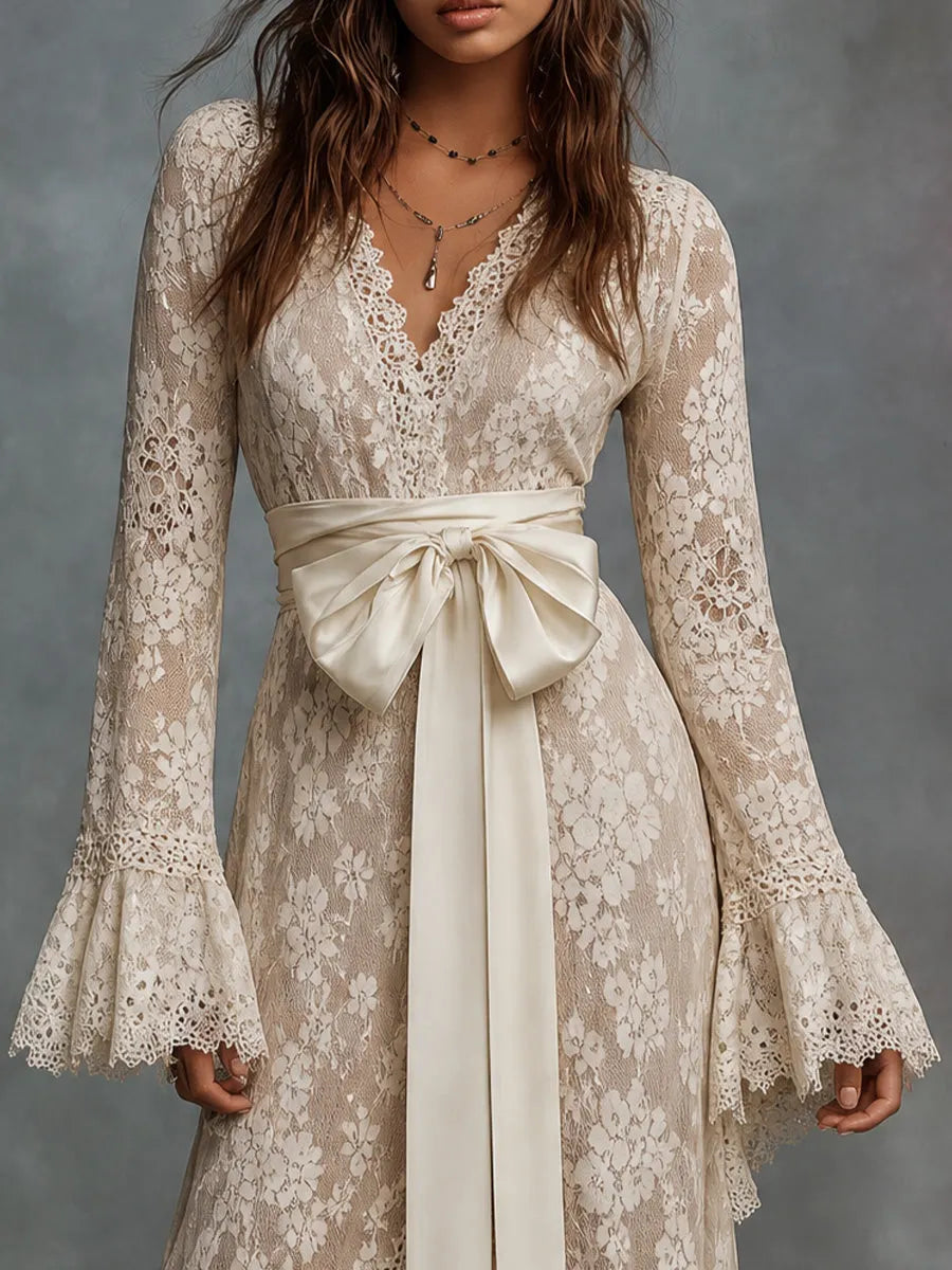 Ivory Floral Lace Bow Waist Maxi Dress