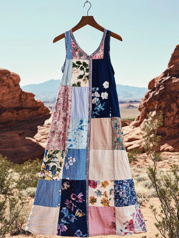 Women's Bohemian Floral Patchwork Art Vintage Linen Tank Dress 8ba1