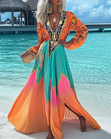 Vestido elegante com blocos de cores para as férias de verão 6dc4