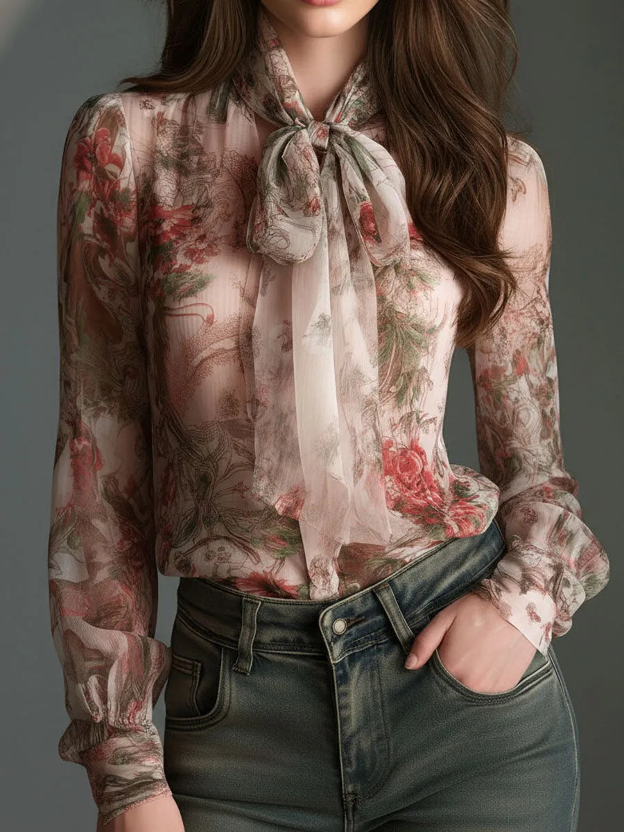 Camicetta in chiffon retrò romantica floreale con fiocco