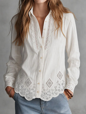 Blouse boutonnée blanche en broderie anglaise Bohème Élégance
