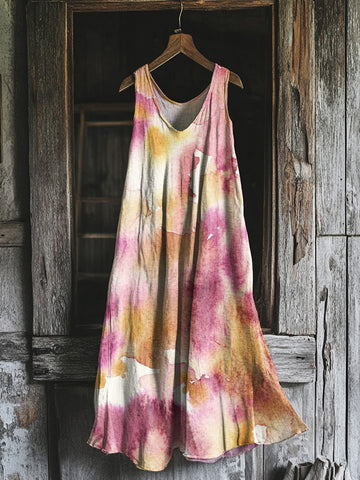 Vintage Pink Floral Painting Art Linen Tank Dress e845