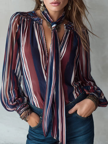 Blusa de Chiffon com Estampa Retrô Listrada e Mangas Bufantes (inclui Lenço)