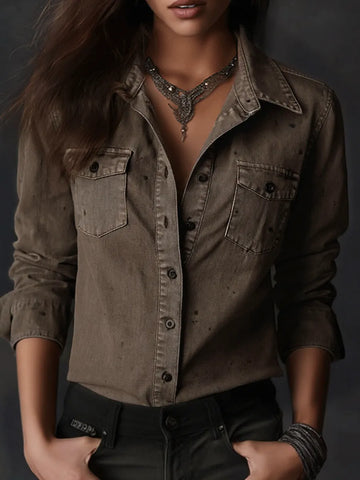 Camisa Western de botão e caimento slim lavada em taupe vintage