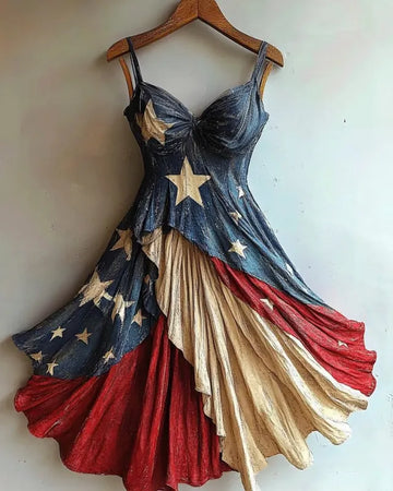 Vestido com estampa temática de Dia da Independência e detalhes dourados e5fd