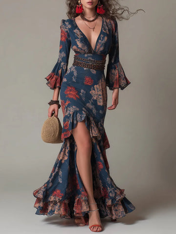 Vestido longo com estampa floral vintage e babados com bainha assimétrica