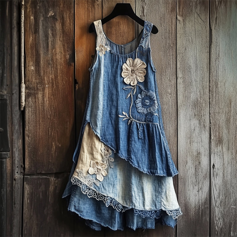 Vestido Regata Camadas de Renda Têxtil Jeans Floral