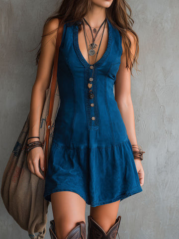 Mini Abito Senza Maniche Boho Chic in Indigo Scuro con Bottoni Frontali