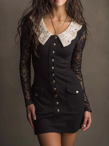 Vintage Elegant Lace Collar Long Lace Sleeve Button Pocket Mini Dress