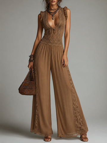 Boho Lace-Trimmed Ruffled-Sleeve Chiffon Wide-Leg Jumpsuit