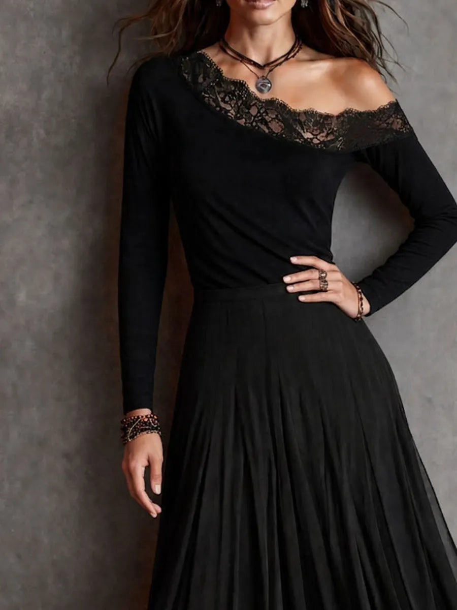 Robe Midi En Tricot Asymétrique Noir Avec Dentelle Et Jupe En Chiffon Évasée Style Bohème Romantique