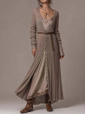 Vestido Longo de Malha Canelada Retrô
