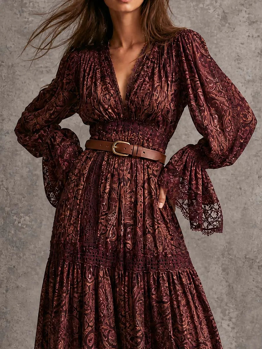 Robe longue étagée en dentelle paisley vintage