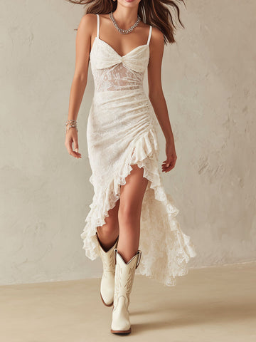 Vestido Midi Assimétrico com Babado, Drapeado e Renda Branca Romântico Boho