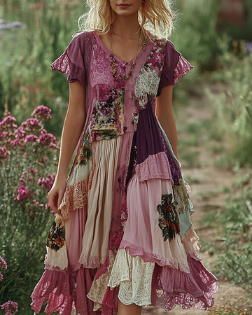 Robe Confortable en Lin Brodée Florale avec Dentelle Patchwork pour l'Été 596f