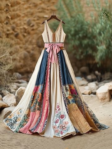 Vestido Feminino Floral Vintage de Linho 0957