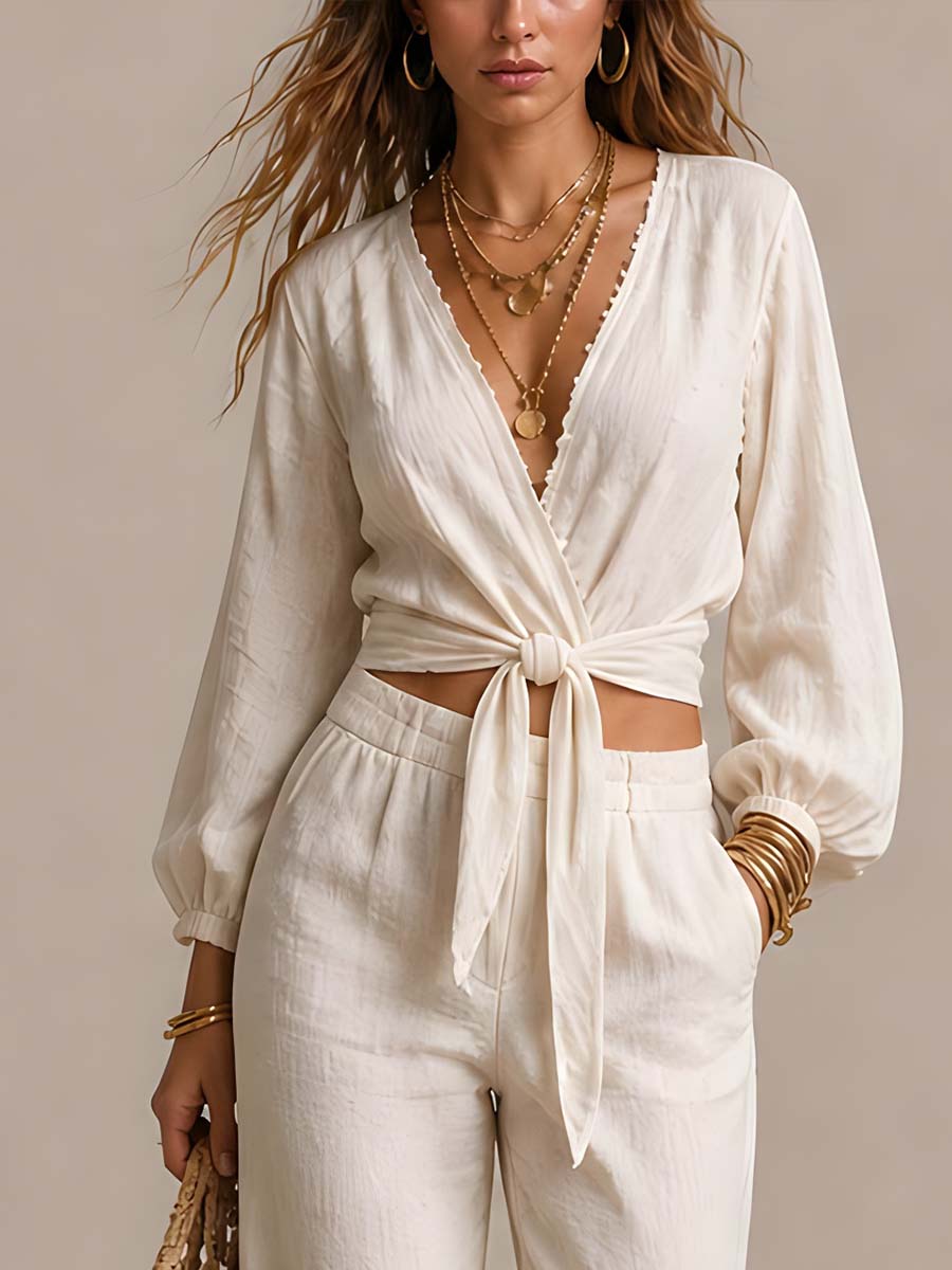 Conjunto de duas peças estilo transpassado de algodão e linho em estilo vintage