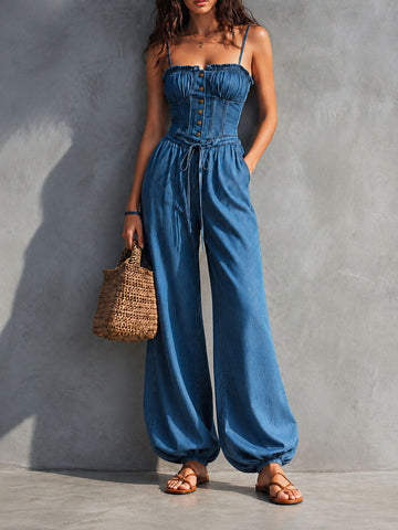 Macacão Boho Chic Jeans Azul Corset de Perna Larga