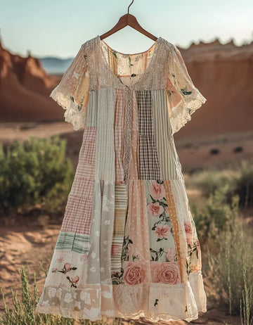 Vestido Patchwork Estampa Vintage de Verão f107