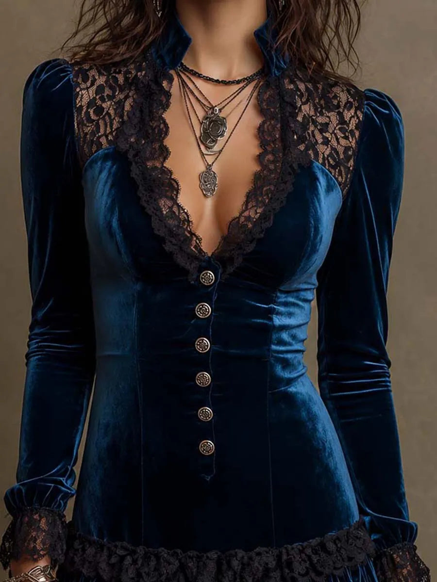 Robe mini bodycon noire gothique en velours marine avec empiècement en dentelle, revers à volants aux poignets, col montant et boutonnage frontal