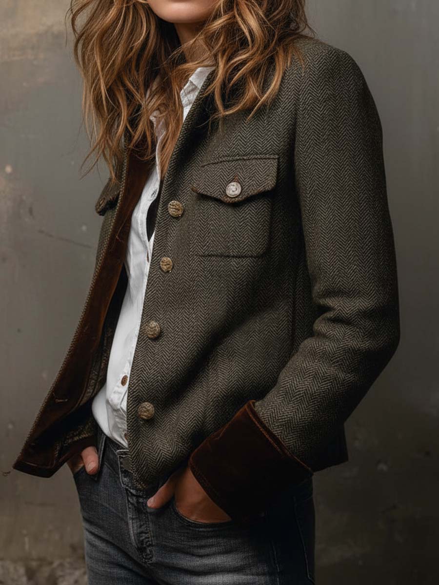 Blazer Vintage Tweed Espinha de Peixe Com Detalhes em Veludo
