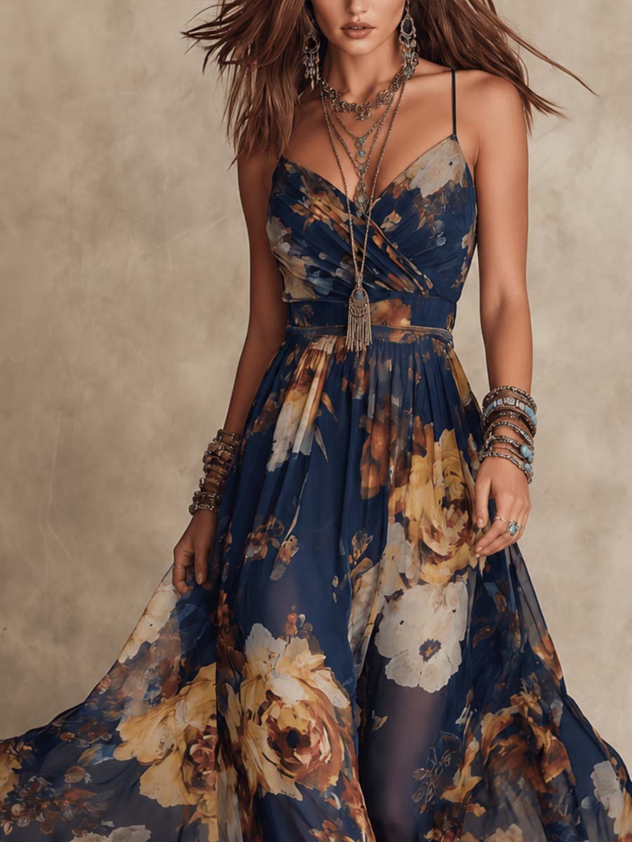 Robe Midi Rétro en Mousseline à Fines Bretelles avec Imprimé Floral Style Peinture à l'Huile