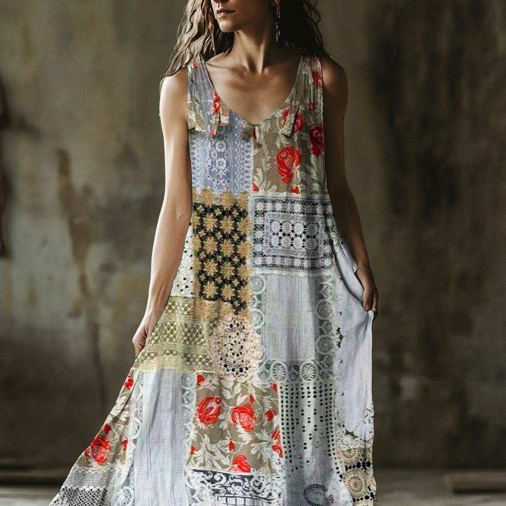 Vestido de Linho Feminino com Retalhos Geométricos Florais de Renda Vintage 12ff