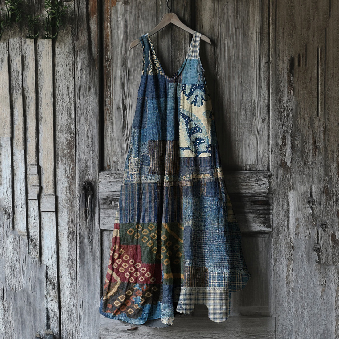 Vestido Feminino Japonês Tradicional Sashiko com Arte Floral Patchwork em Algodão e Linho c0e2