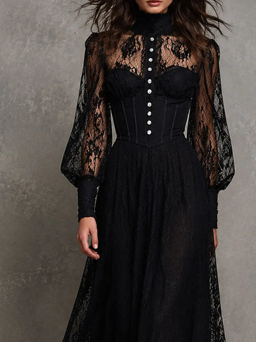 Robe mi-longue élégante noire rétro avec bustier en dentelle, manches bouffantes et col montant