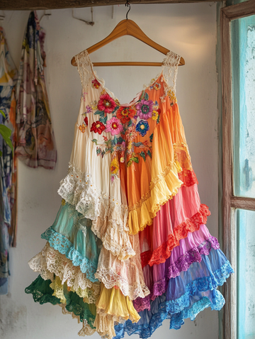 Vestido de Verão com Renda e Retalhos Arco-Íris f4c4