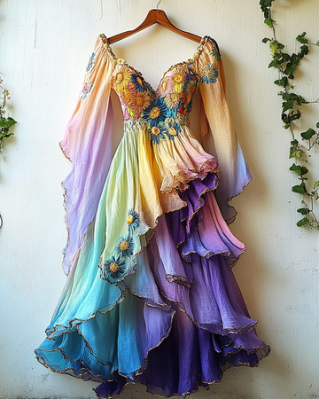 Vestido Irregular Bordado Margarida Franzido Dourado Gradiente 70fa