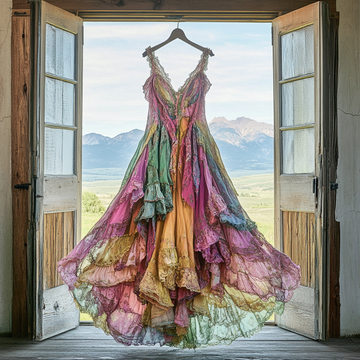 Vestido Janela Romântico de Renda Franzido Verão Arco-Íris 7935