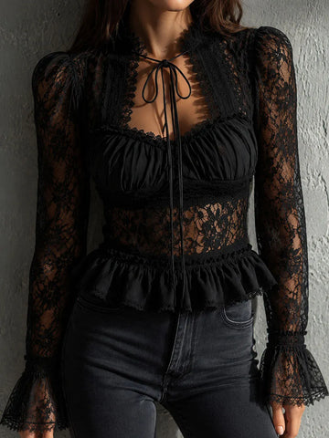 Retro Romantic Lace Tie Neck Flare Cuff Blouse