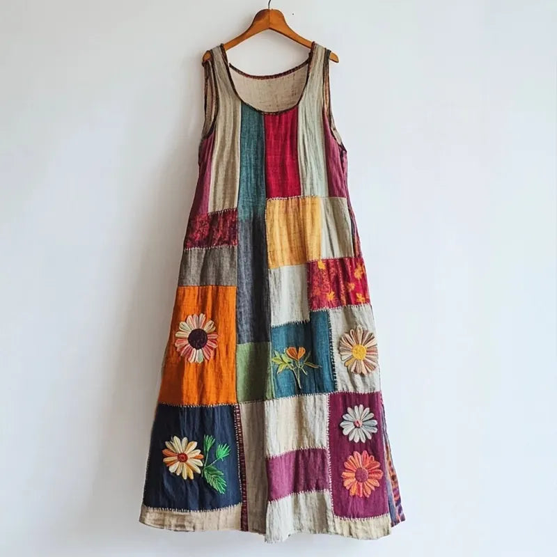 Vestido em Linho Misto com Retalhos Bordados Florais Vintage 02bb